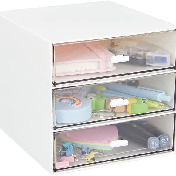 Desk Organizer with 3 Drawers, Clear Plastic Desk Storage Box, Desktop Organizat - Picture 1 of 7